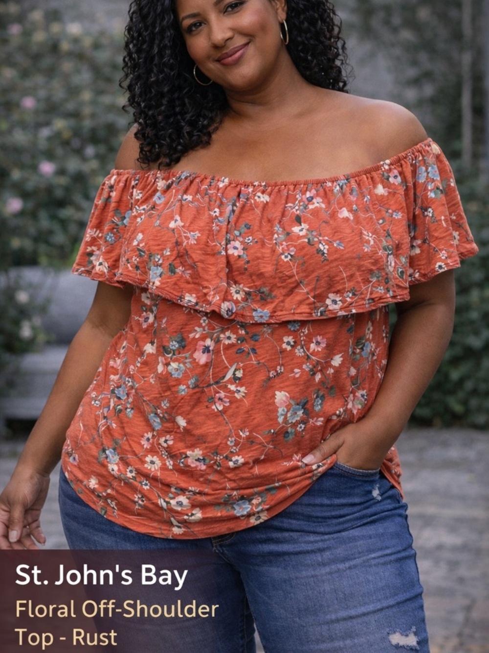 St. John’s bay Floral Off-Shoulder Top - Rust 0X